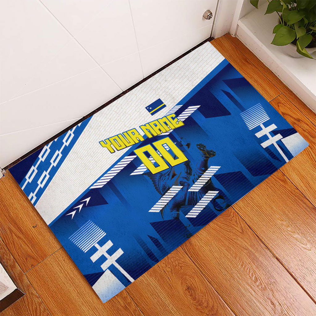Personalized Curacao Football Rubber Doormat Marlin Mascot Blue National Flag Accents