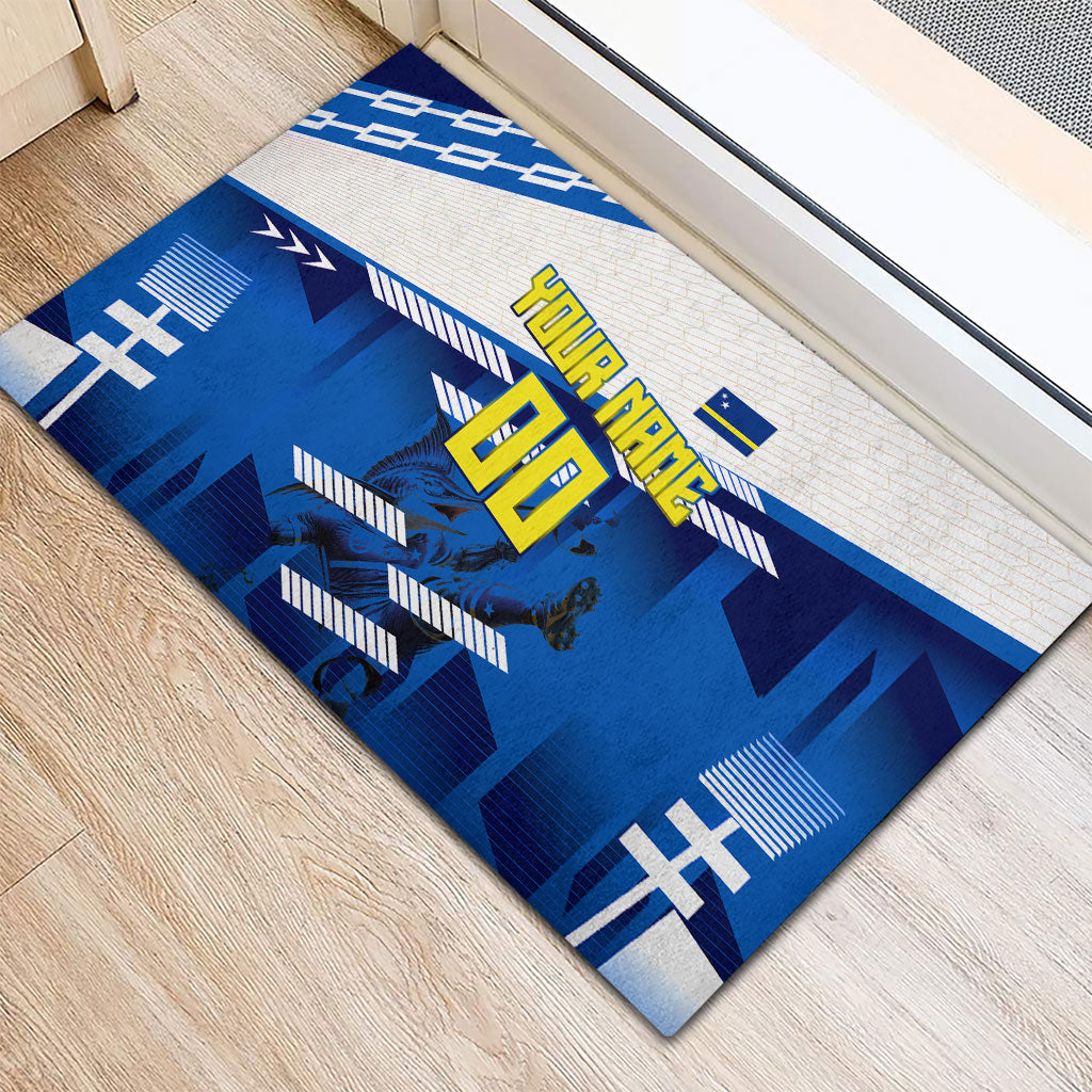 Personalized Curacao Football Rubber Doormat Marlin Mascot Blue National Flag Accents