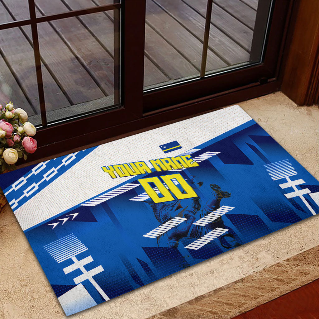 Personalized Curacao Football Rubber Doormat Marlin Mascot Blue National Flag Accents