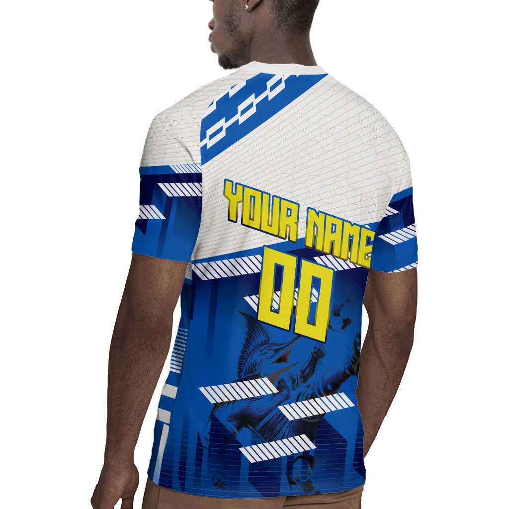 Personalized Curacao Football Rugby Jersey Marlin Mascot Blue National Flag Accents