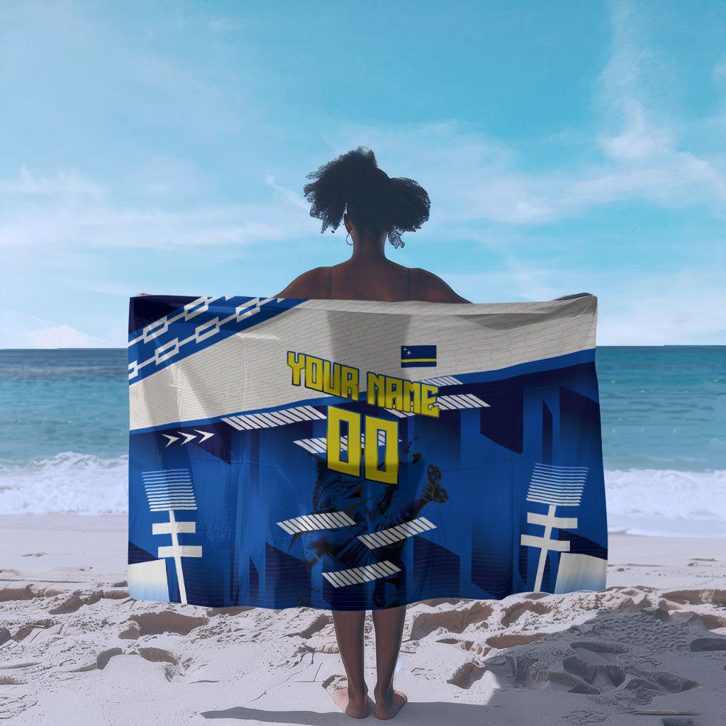 Personalized Curacao Football Sarong Marlin Mascot Blue National Flag Accents
