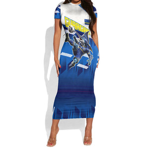 Personalized Curacao Football Short Sleeve Bodycon Dress Marlin Mascot Blue National Flag Accents