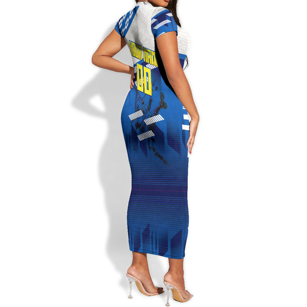 Personalized Curacao Football Short Sleeve Bodycon Dress Marlin Mascot Blue National Flag Accents