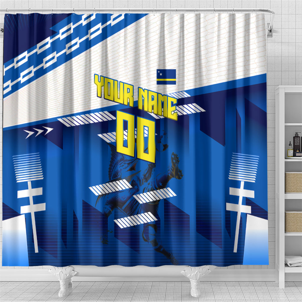 Personalized Curacao Football Shower Curtain Marlin Mascot Blue National Flag Accents