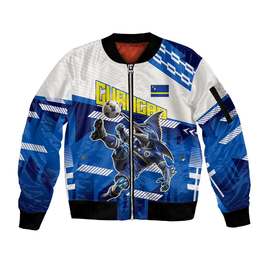 Personalized Curacao Football Sleeve Zip Bomber Jacket Marlin Mascot Blue National Flag Accents