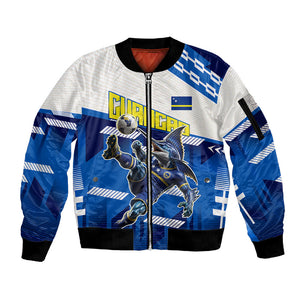 Personalized Curacao Football Sleeve Zip Bomber Jacket Marlin Mascot Blue National Flag Accents