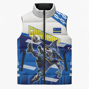 Personalized Curacao Football Sleeveless Puffer Jacket Marlin Mascot Blue National Flag Accents