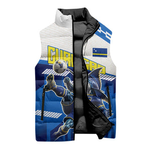 Personalized Curacao Football Sleeveless Puffer Jacket Marlin Mascot Blue National Flag Accents