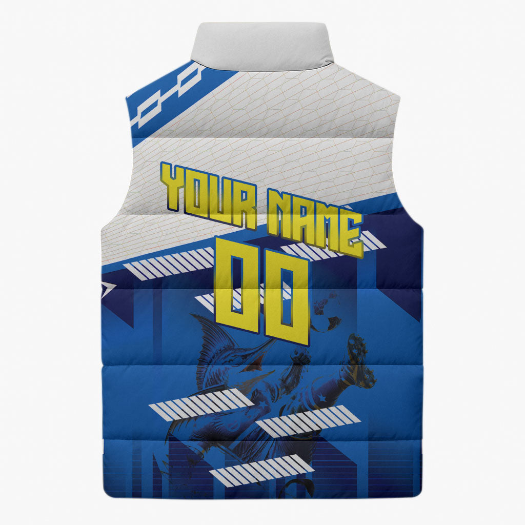 Personalized Curacao Football Sleeveless Puffer Jacket Marlin Mascot Blue National Flag Accents