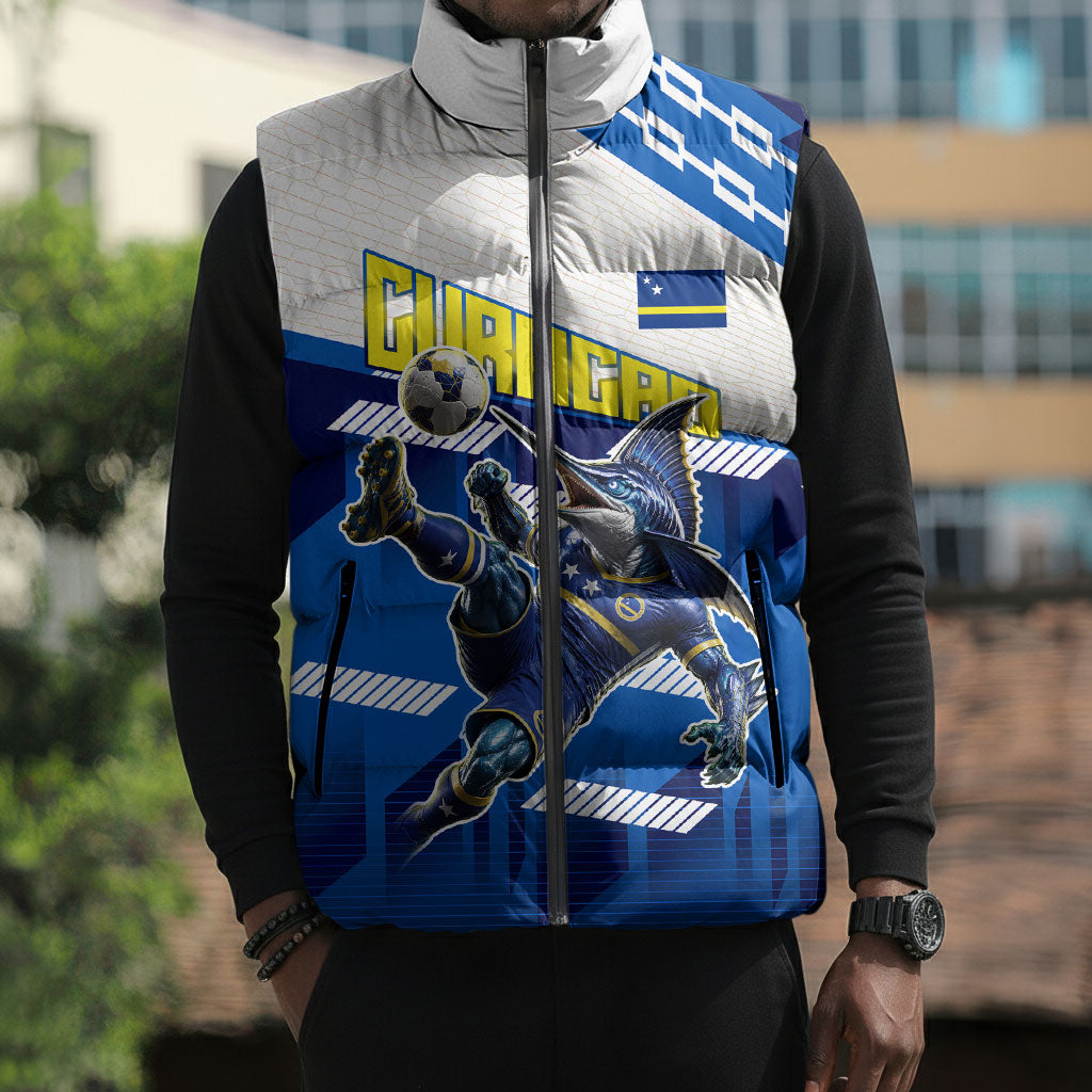 Personalized Curacao Football Sleeveless Puffer Jacket Marlin Mascot Blue National Flag Accents