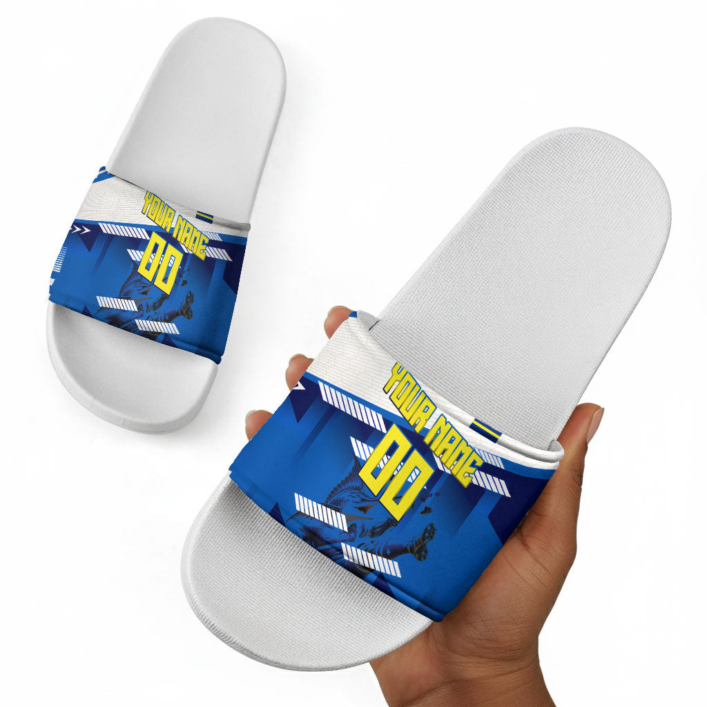 Personalized Curacao Football Slide Sandals Marlin Mascot Blue National Flag Accents