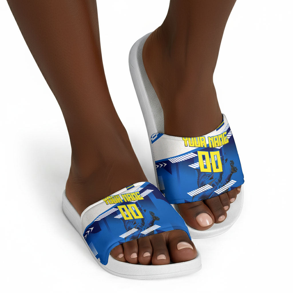 Personalized Curacao Football Slide Sandals Marlin Mascot Blue National Flag Accents