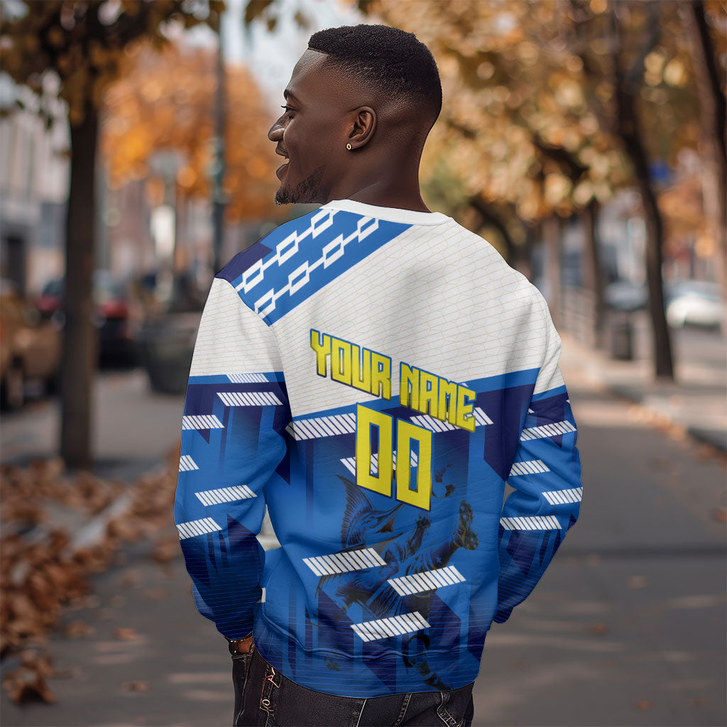 Personalized Curacao Football Sweatshirt Marlin Mascot Blue National Flag Accents