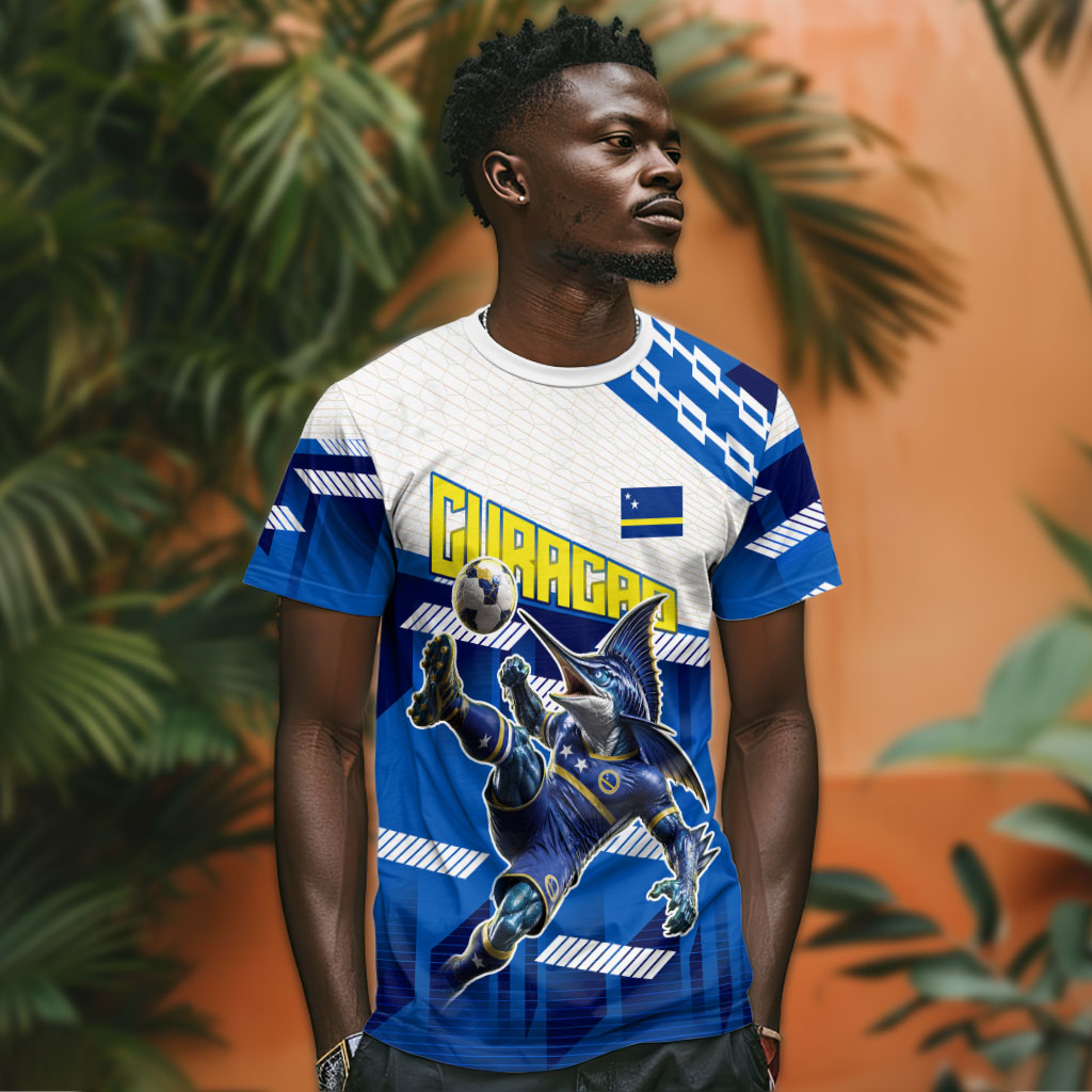 Personalized Curacao Football T shirt Marlin Mascot Blue National Flag Accents