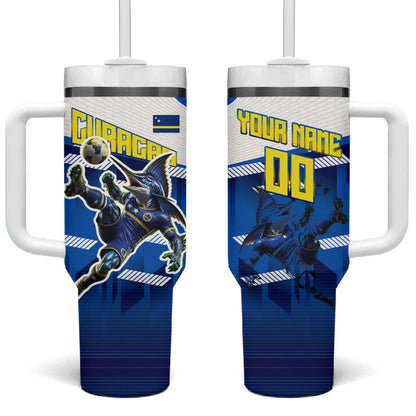 Personalized Curacao Football Tumbler With Handle Marlin Mascot Blue National Flag Accents