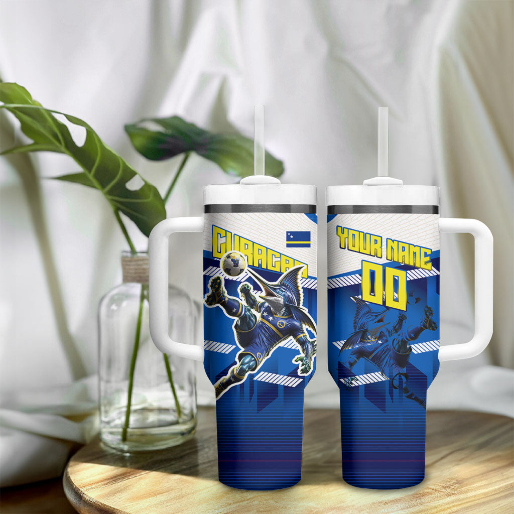 Personalized Curacao Football Tumbler With Handle Marlin Mascot Blue National Flag Accents