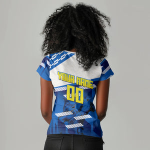 Personalized Curacao Football Women V-Neck T-Shirt Marlin Mascot Blue National Flag Accents