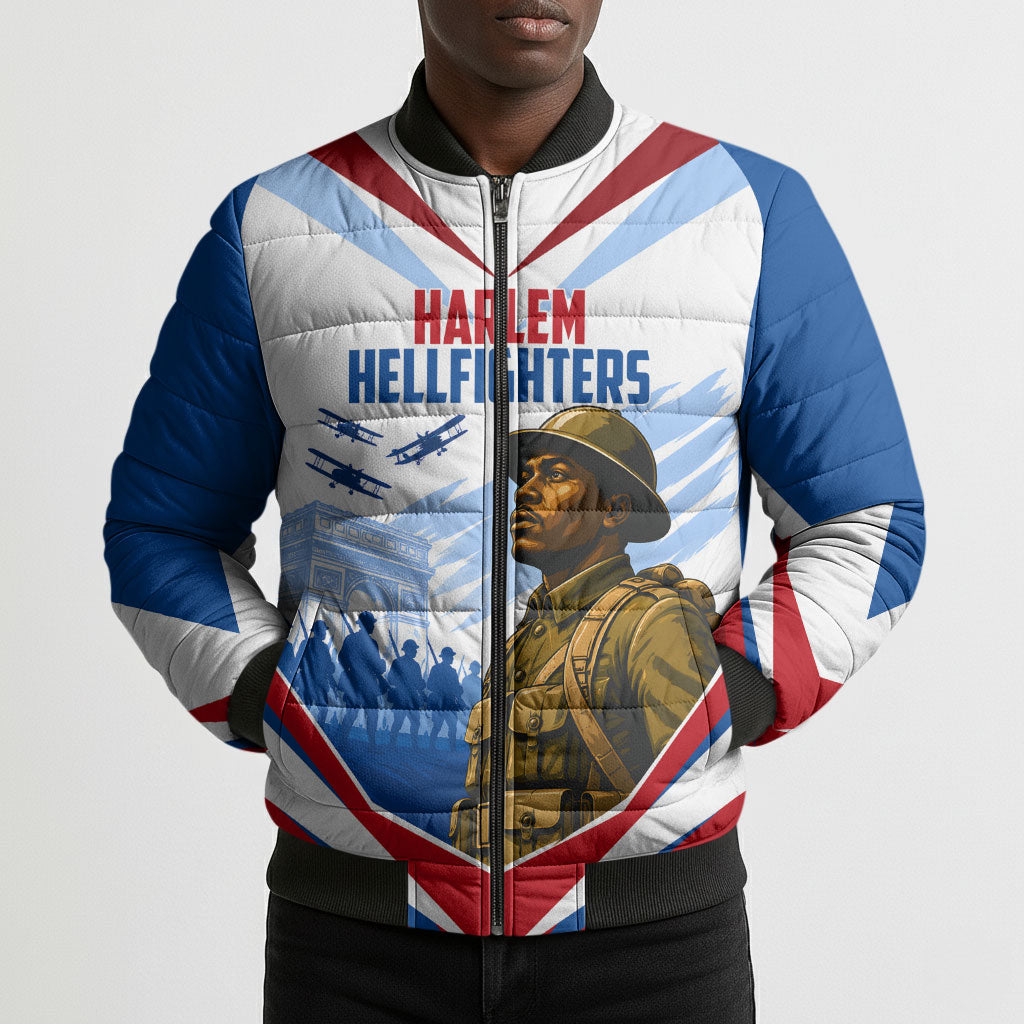Personalized Harlem Hellfighters Bomber Puffer Jacket Vintage WWI Military History Patriotic Art