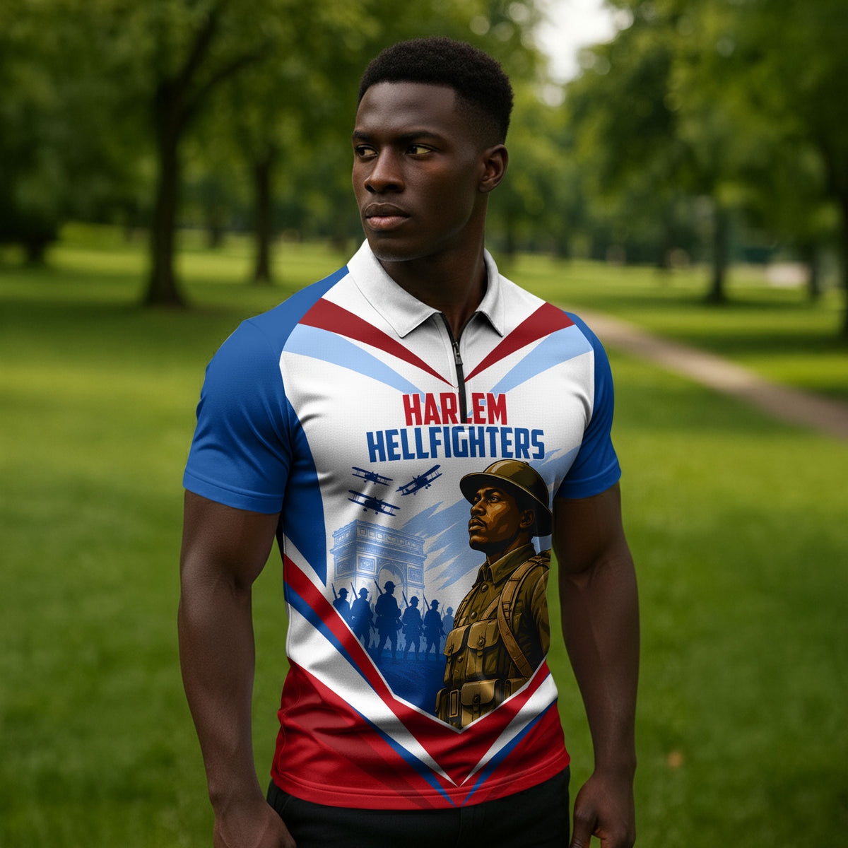 Personalized Harlem Hellfighters Zipper Polo Shirt Vintage WWI Military History Patriotic Art