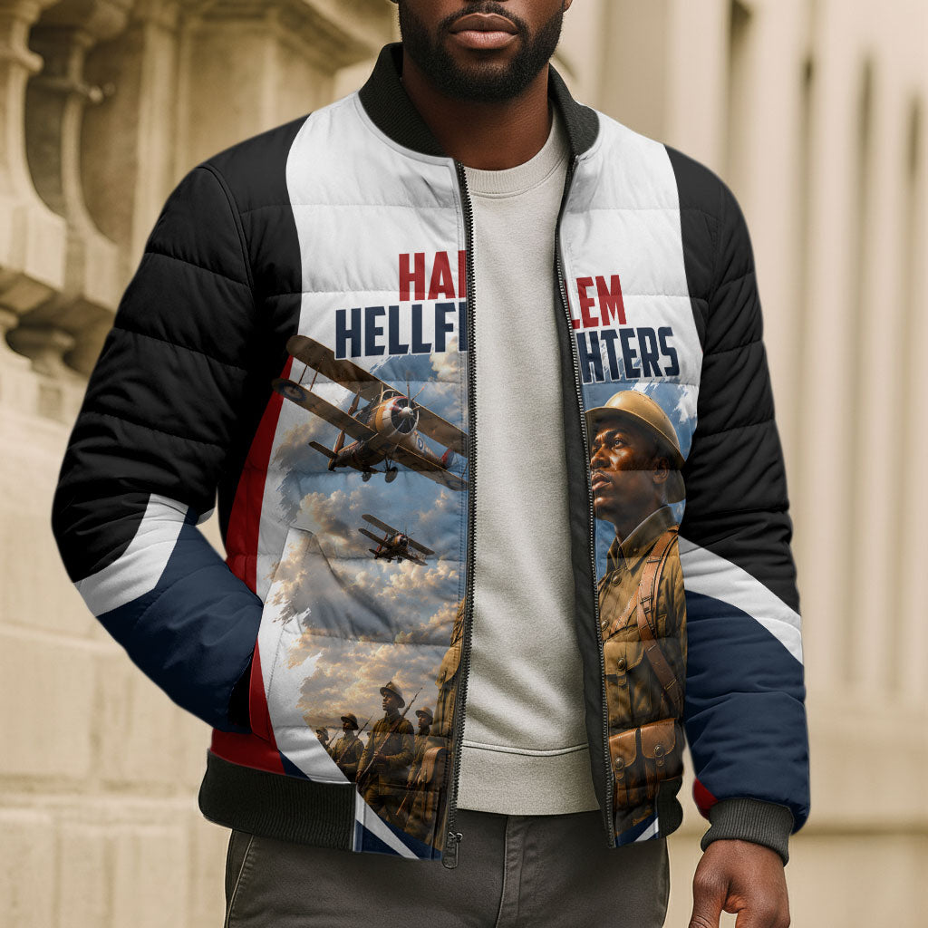 Personalized Harlem Hellfighters Bomber Puffer Jacket WWI African American Soldiers Patriotic Vintage Art