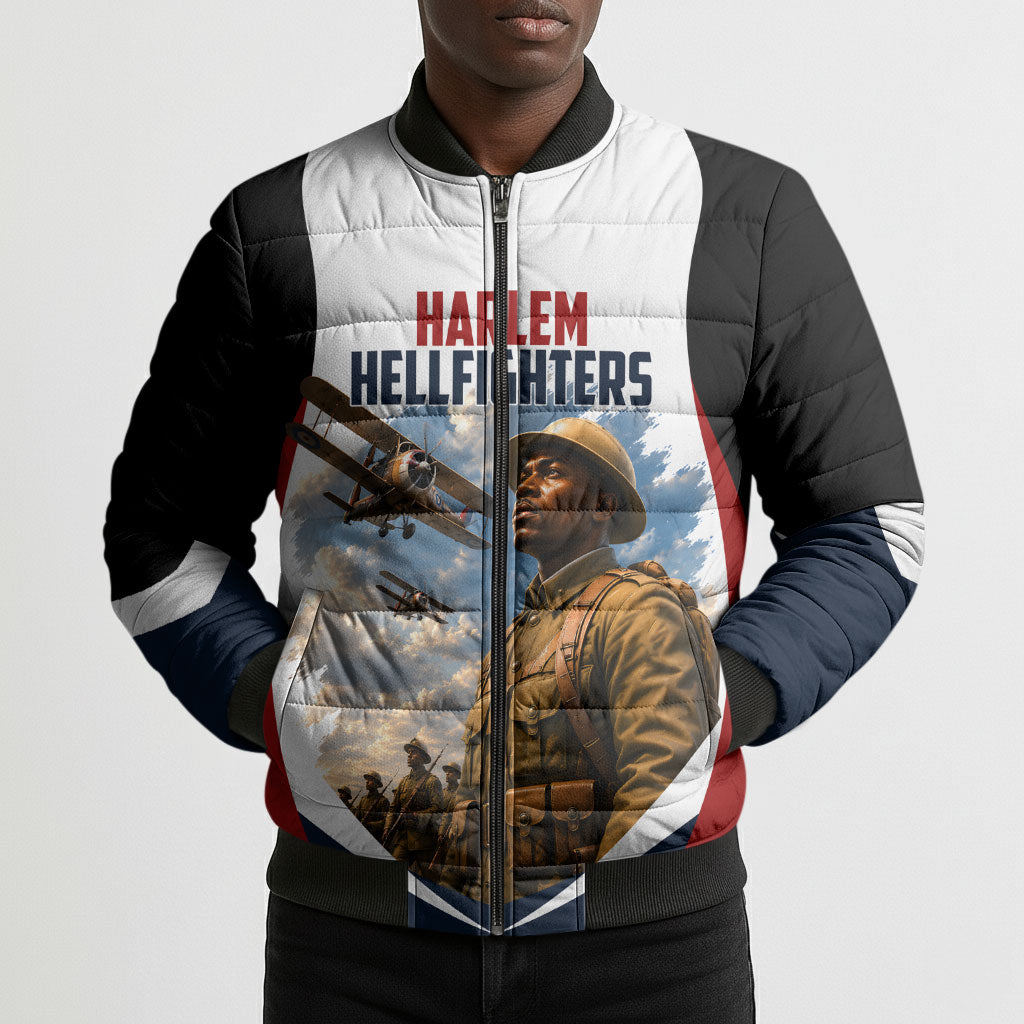 Personalized Harlem Hellfighters Bomber Puffer Jacket WWI African American Soldiers Patriotic Vintage Art