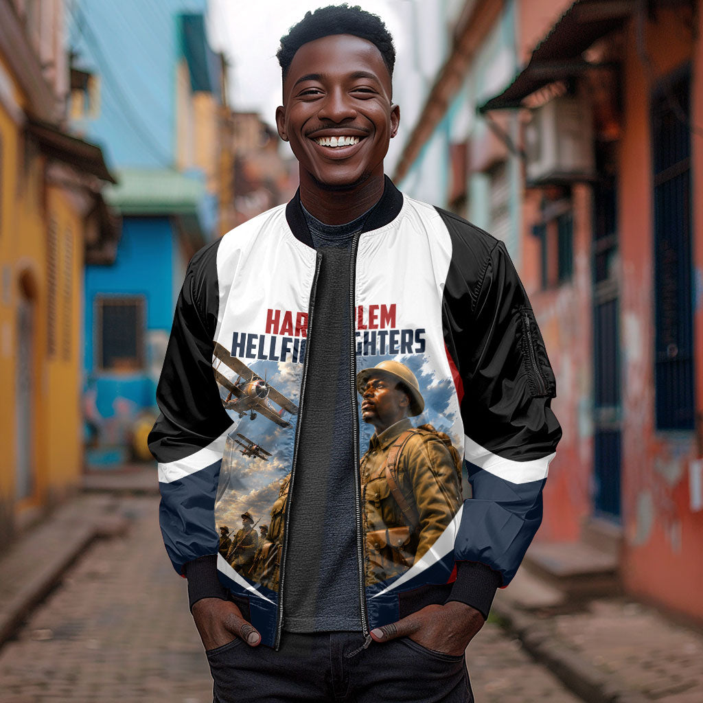 Personalized Harlem Hellfighters Sleeve Zip Bomber Jacket WWI African American Soldiers Patriotic Vintage Art
