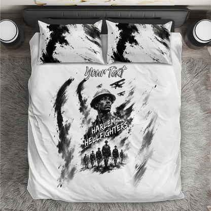 Personalized Harlem Hellfighters Bedding Set WWI African American Soldiers Monochrome Grunge Sketch Art