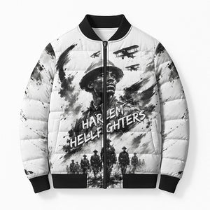 Personalized Harlem Hellfighters Bomber Puffer Jacket WWI African American Soldiers Monochrome Grunge Sketch Art
