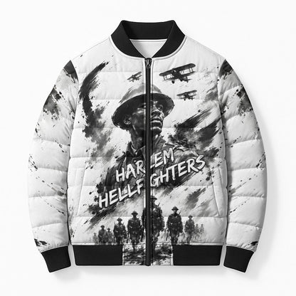 Personalized Harlem Hellfighters Bomber Puffer Jacket WWI African American Soldiers Monochrome Grunge Sketch Art
