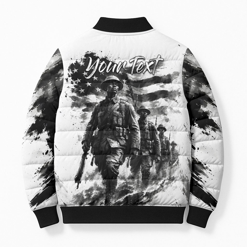 Personalized Harlem Hellfighters Bomber Puffer Jacket WWI African American Soldiers Monochrome Grunge Sketch Art