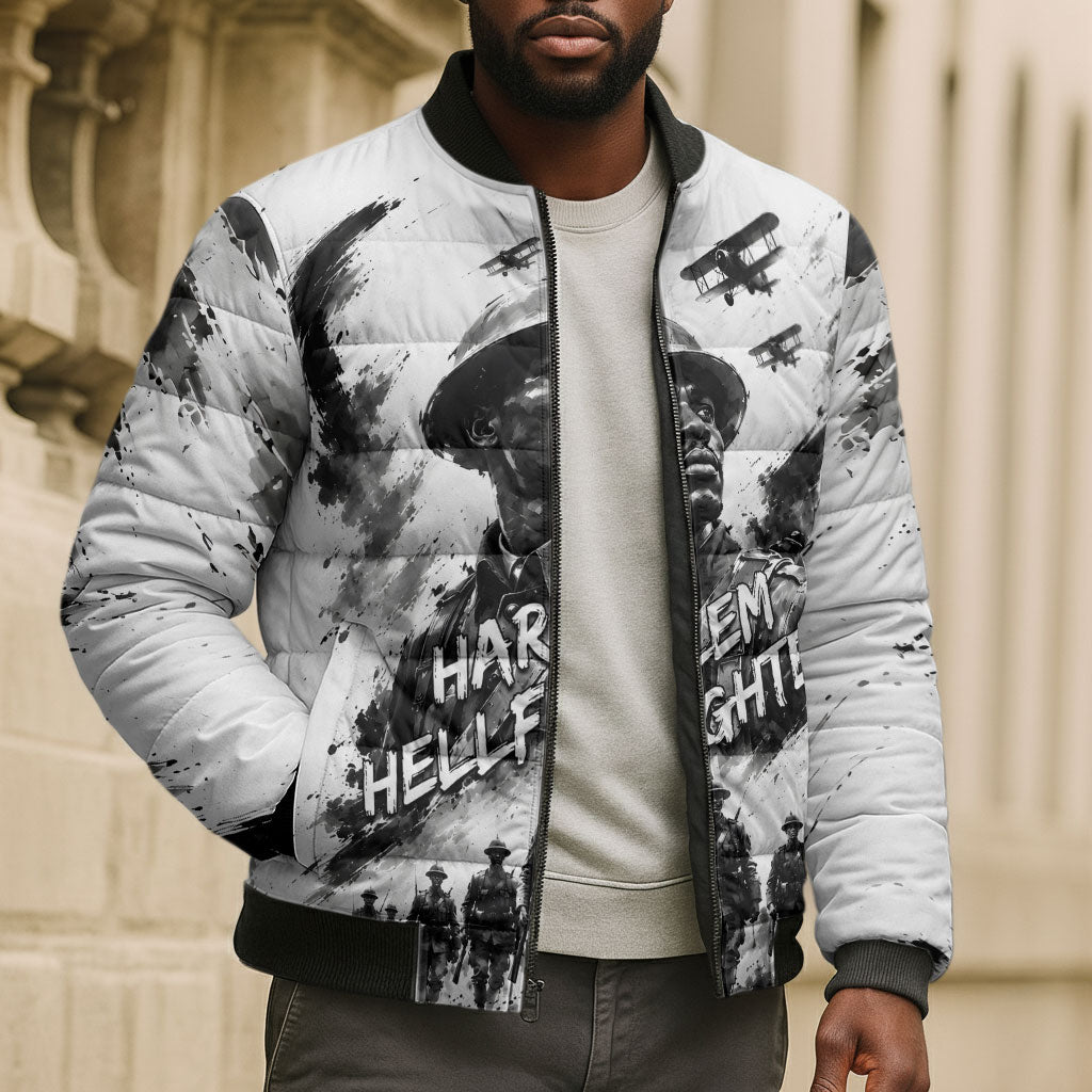Personalized Harlem Hellfighters Bomber Puffer Jacket WWI African American Soldiers Monochrome Grunge Sketch Art