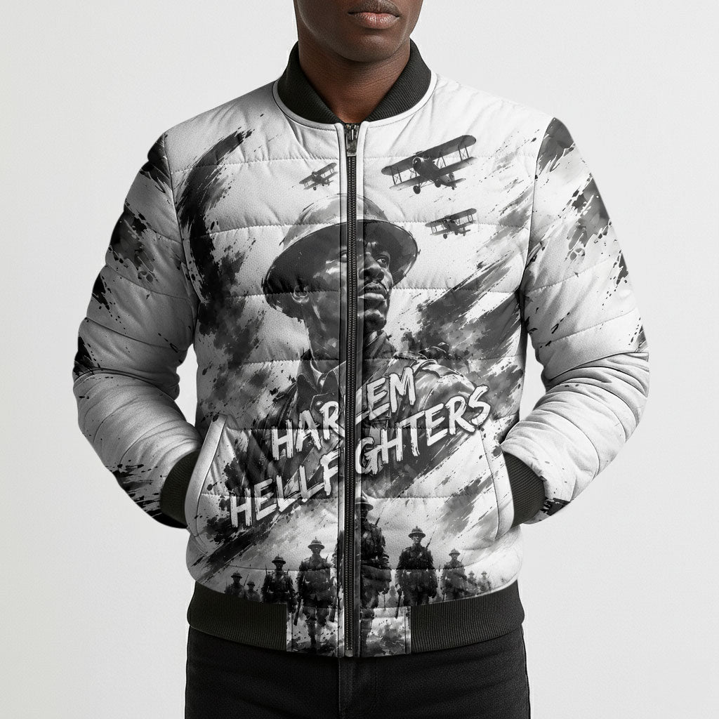 Personalized Harlem Hellfighters Bomber Puffer Jacket WWI African American Soldiers Monochrome Grunge Sketch Art