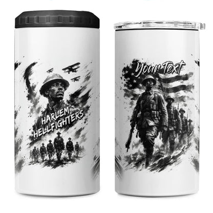 Personalized Harlem Hellfighters 4 in 1 Can Cooler Tumbler WWI African American Soldiers Monochrome Grunge Sketch Art