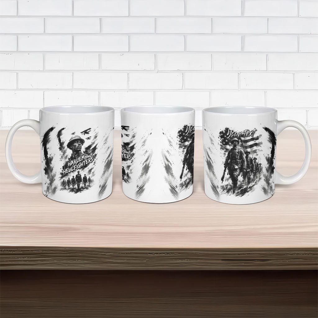 Personalized Harlem Hellfighters Ceramic Mug WWI African American Soldiers Monochrome Grunge Sketch Art