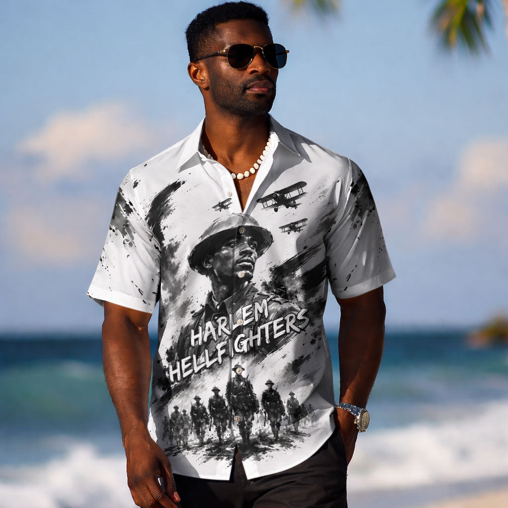 Personalized Harlem Hellfighters Hawaiian Shirt WWI African American Soldiers Monochrome Grunge Sketch Art