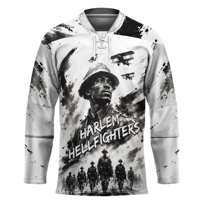 Personalized Harlem Hellfighters Hockey Jersey WWI African American Soldiers Monochrome Grunge Sketch Art