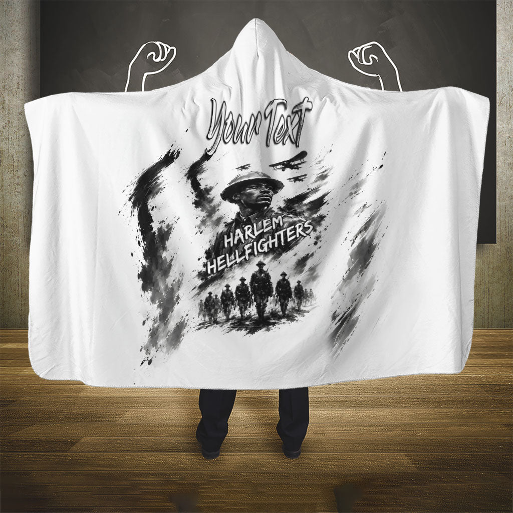 Personalized Harlem Hellfighters Hooded Blanket WWI African American Soldiers Monochrome Grunge Sketch Art