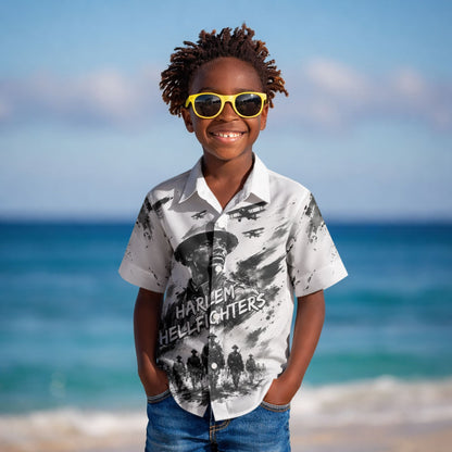 Personalized Harlem Hellfighters Kid Hawaiian Shirt WWI African American Soldiers Monochrome Grunge Sketch Art