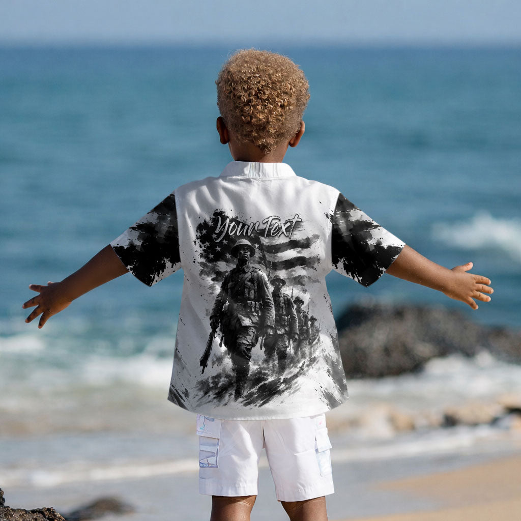 Personalized Harlem Hellfighters Kid Hawaiian Shirt WWI African American Soldiers Monochrome Grunge Sketch Art