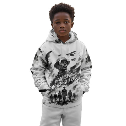 Personalized Harlem Hellfighters Kid Hoodie WWI African American Soldiers Monochrome Grunge Sketch Art