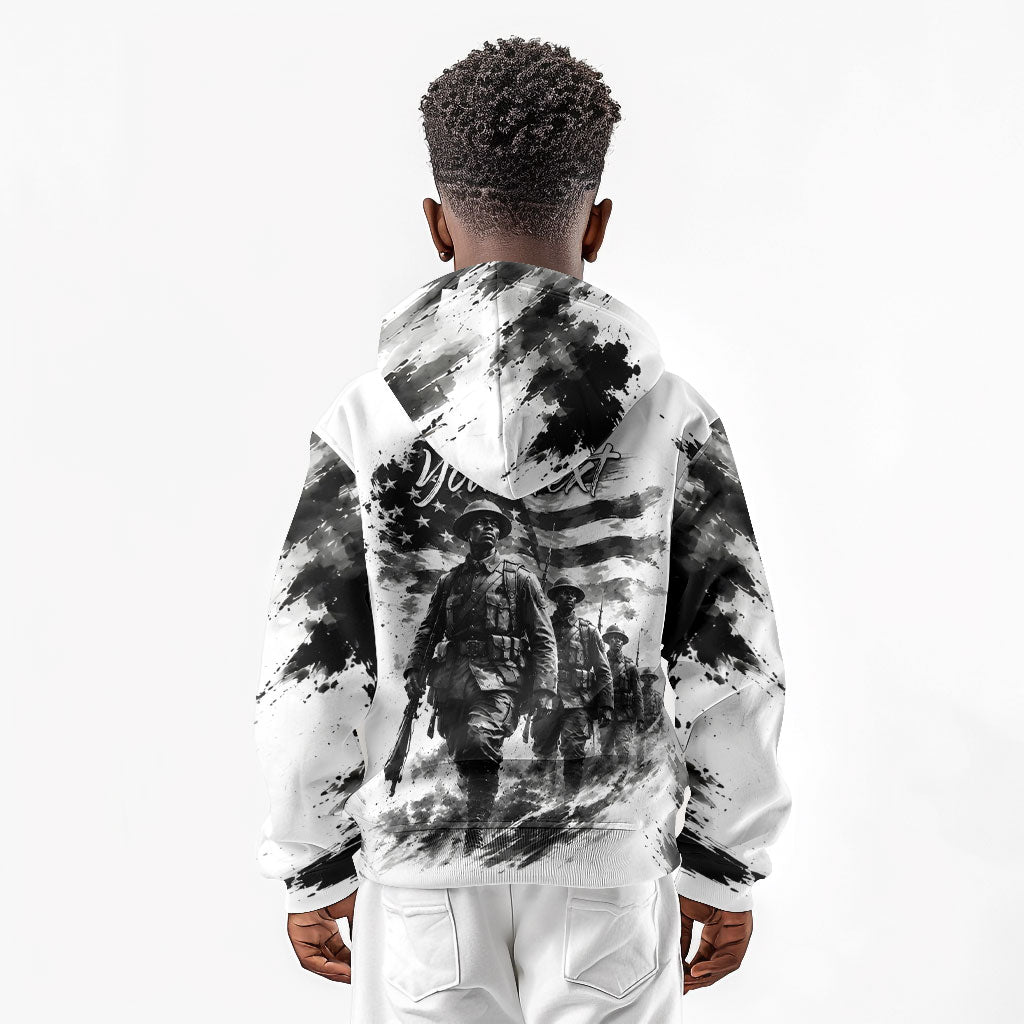 Personalized Harlem Hellfighters Kid Hoodie WWI African American Soldiers Monochrome Grunge Sketch Art