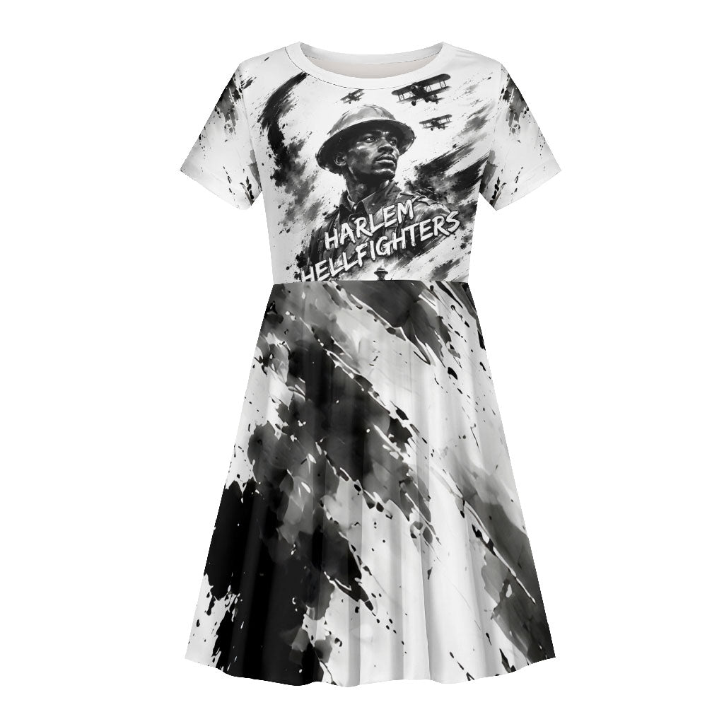 Personalized Harlem Hellfighters Kid Short Sleeve Dress WWI African American Soldiers Monochrome Grunge Sketch Art