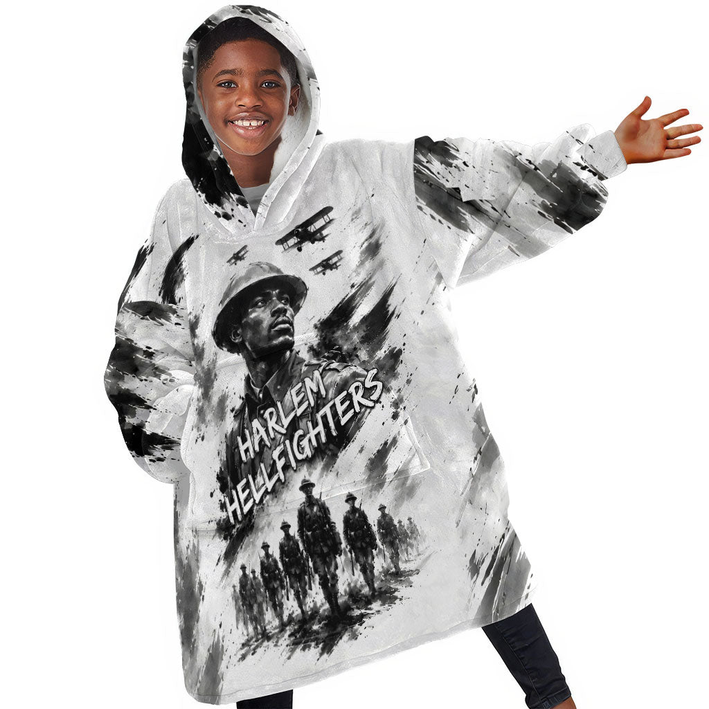 Personalized Harlem Hellfighters Kid Wearable Blanket Hoodie WWI African American Soldiers Monochrome Grunge Sketch Art