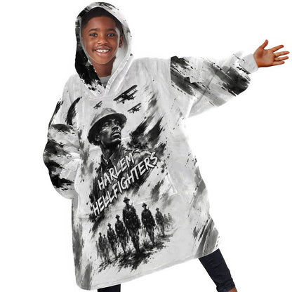 Personalized Harlem Hellfighters Kid Wearable Blanket Hoodie WWI African American Soldiers Monochrome Grunge Sketch Art