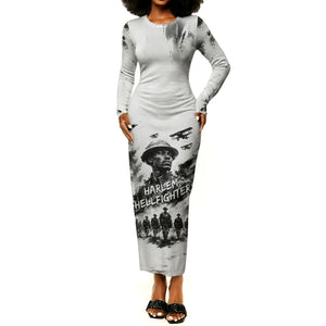 Personalized Harlem Hellfighters Long Sleeve Bodycon Dress WWI African American Soldiers Monochrome Grunge Sketch Art