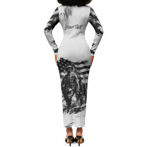 Personalized Harlem Hellfighters Long Sleeve Bodycon Dress WWI African American Soldiers Monochrome Grunge Sketch Art
