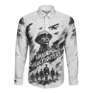 Personalized Harlem Hellfighters Long Sleeve Button Shirt WWI African American Soldiers Monochrome Grunge Sketch Art