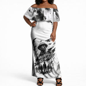 Personalized Harlem Hellfighters Off Shoulder Maxi Dress WWI African American Soldiers Monochrome Grunge Sketch Art