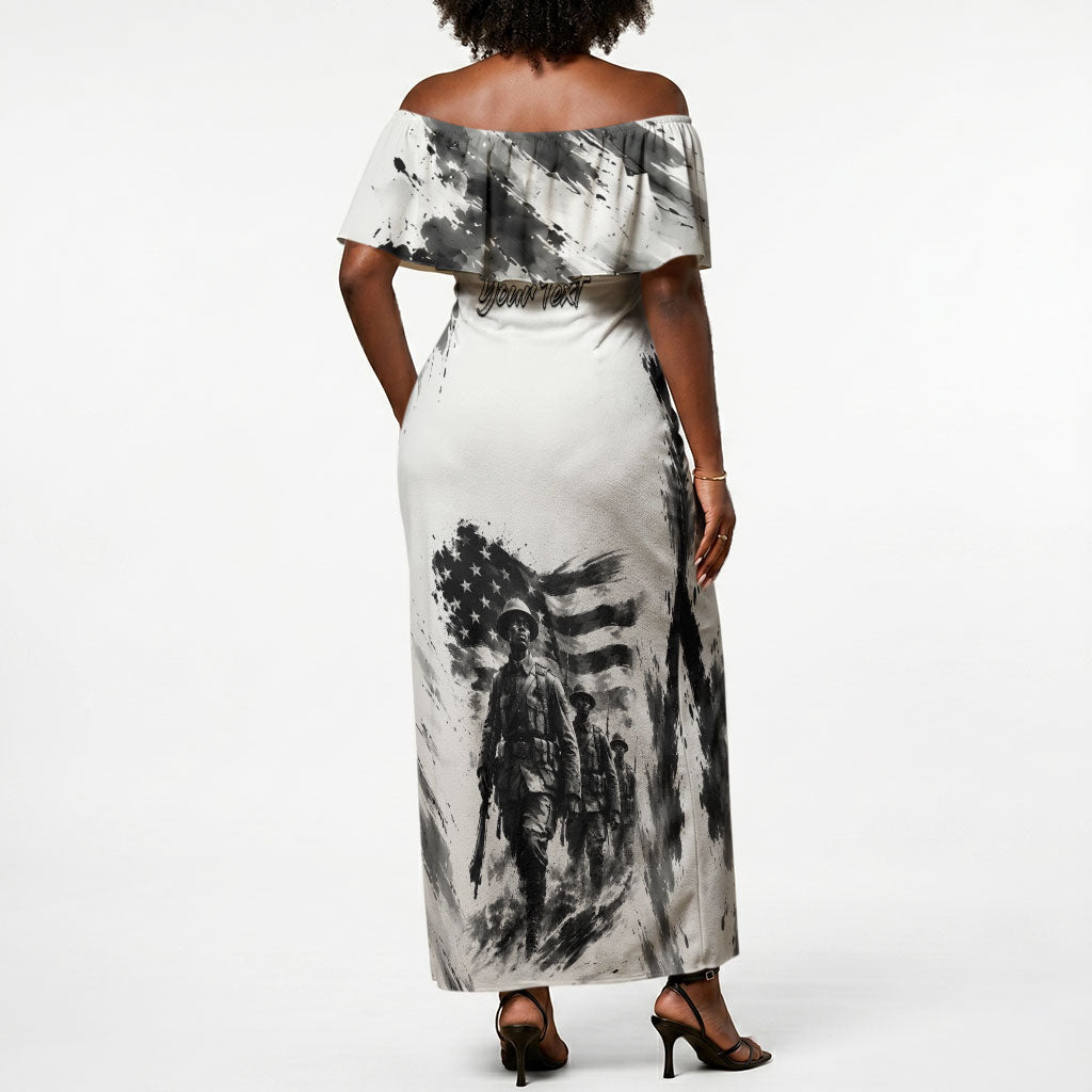 Personalized Harlem Hellfighters Off Shoulder Maxi Dress WWI African American Soldiers Monochrome Grunge Sketch Art