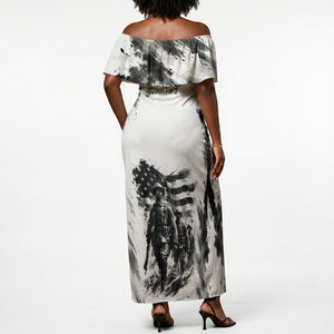 Personalized Harlem Hellfighters Off Shoulder Maxi Dress WWI African American Soldiers Monochrome Grunge Sketch Art